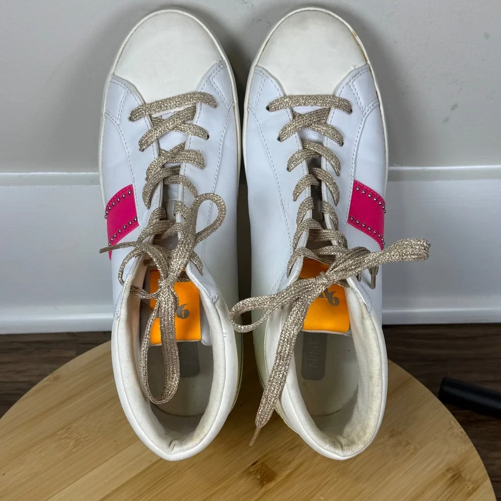 Nine West High Top Sneakers Womens 9 White Neon Pink Yellow Silver Heel Good 80